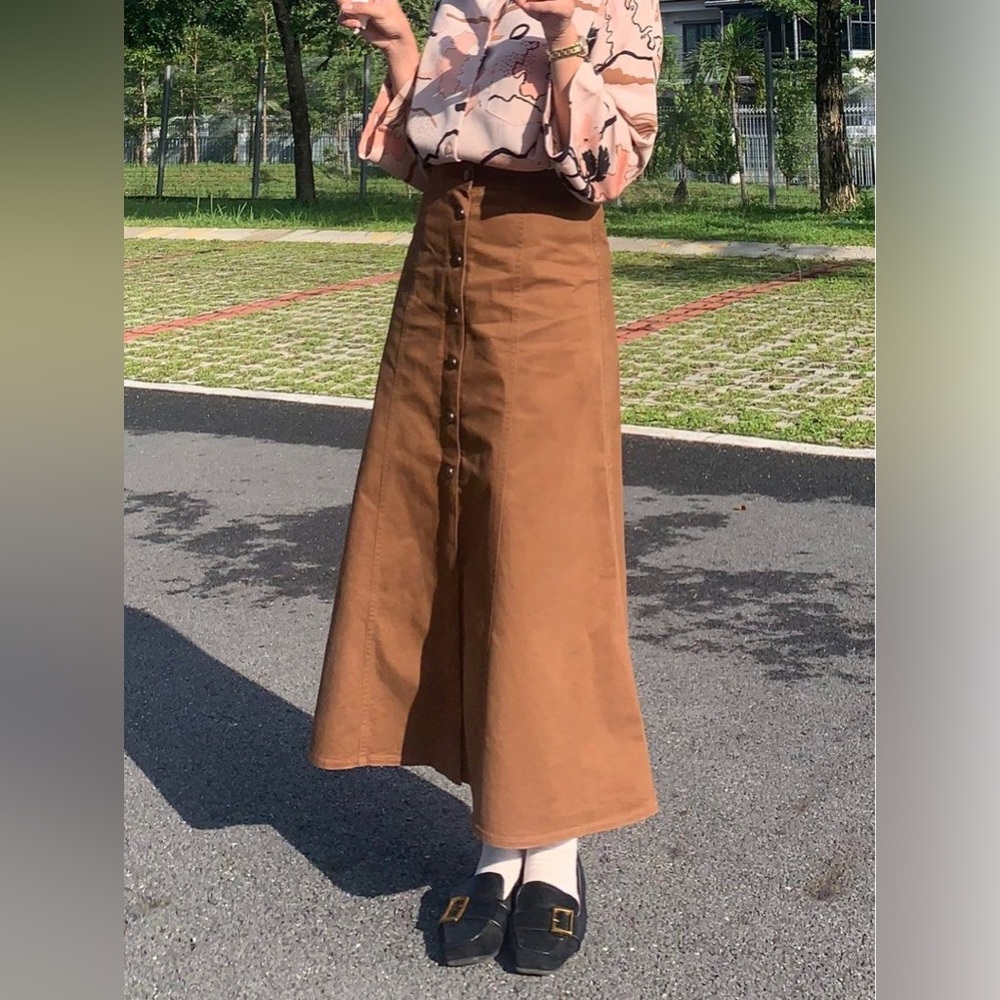 Uniqlo Brown Button-Down A-line Midi Skirt